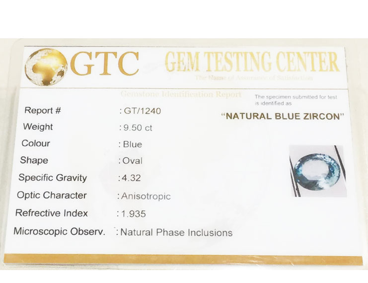 10.55 ratti (9.50 ct) Natural Blue Zircon
